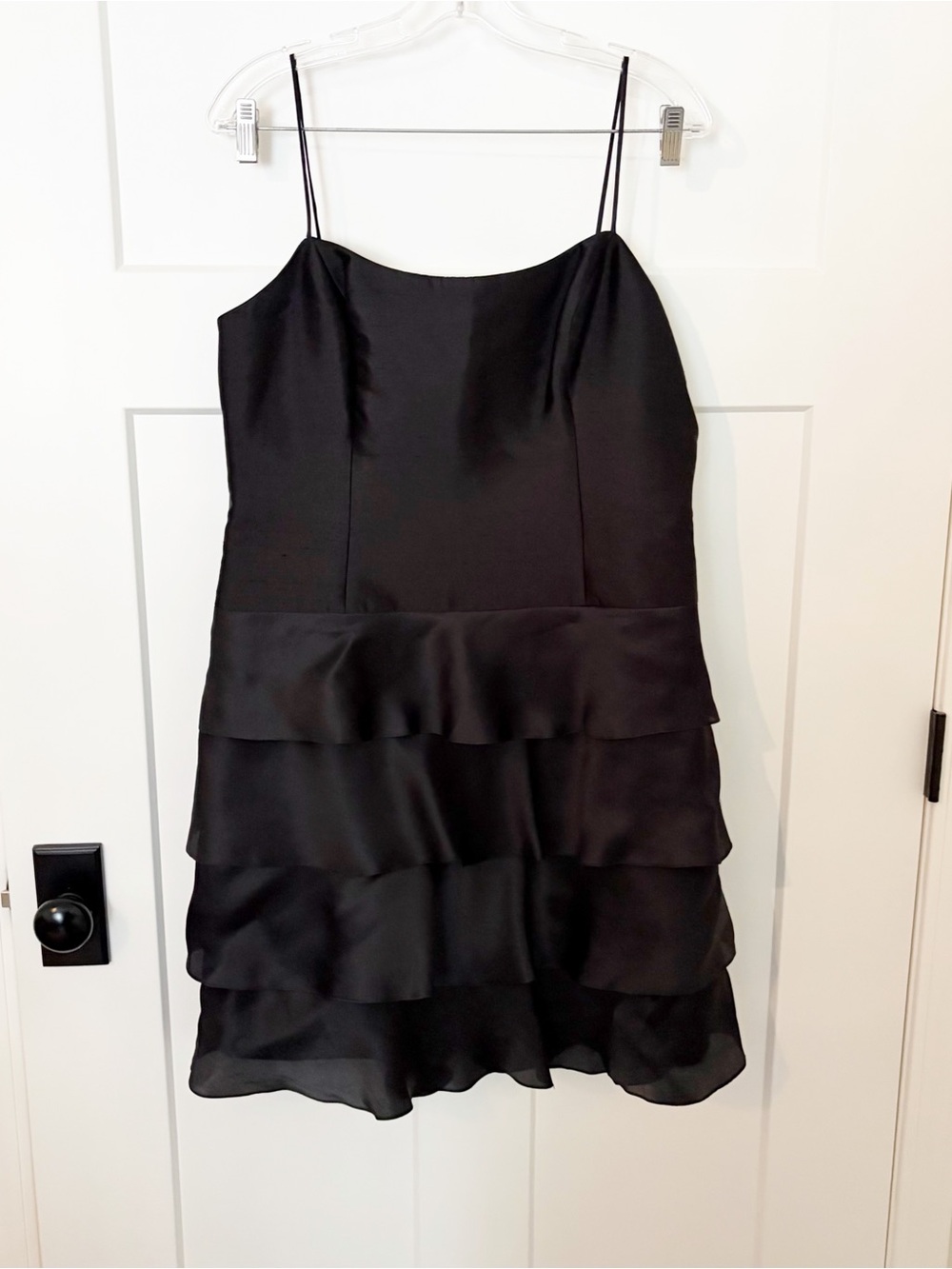 Rickie Freeman for Teri Jon Black Spaghetti-Strap Tiered Mini Dress